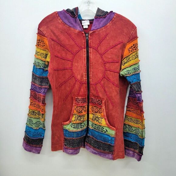 Boho Rainbow Sun Hoodie – S/M – Made in Nepal - Picture 1 of 8